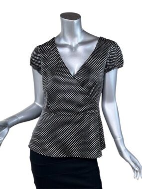 Cabi Women’s SMALL Blouse V Neck Black & White Polka Dot Satin Faux Wrap Top
